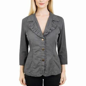XCVI Gray Snap Up Jacket Twill Rib Stretch Panels Ruffle Trim Chic Comfy Size L